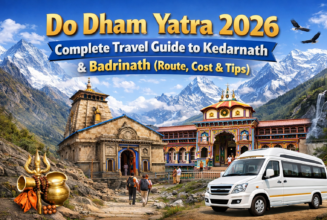 Do Dham Yatra 2026 travel guide image featuring Kedarnath and Badrinath temples with tempo traveller in the Himalayas