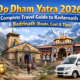 Do Dham Yatra 2026 travel guide image featuring Kedarnath and Badrinath temples with tempo traveller in the Himalayas